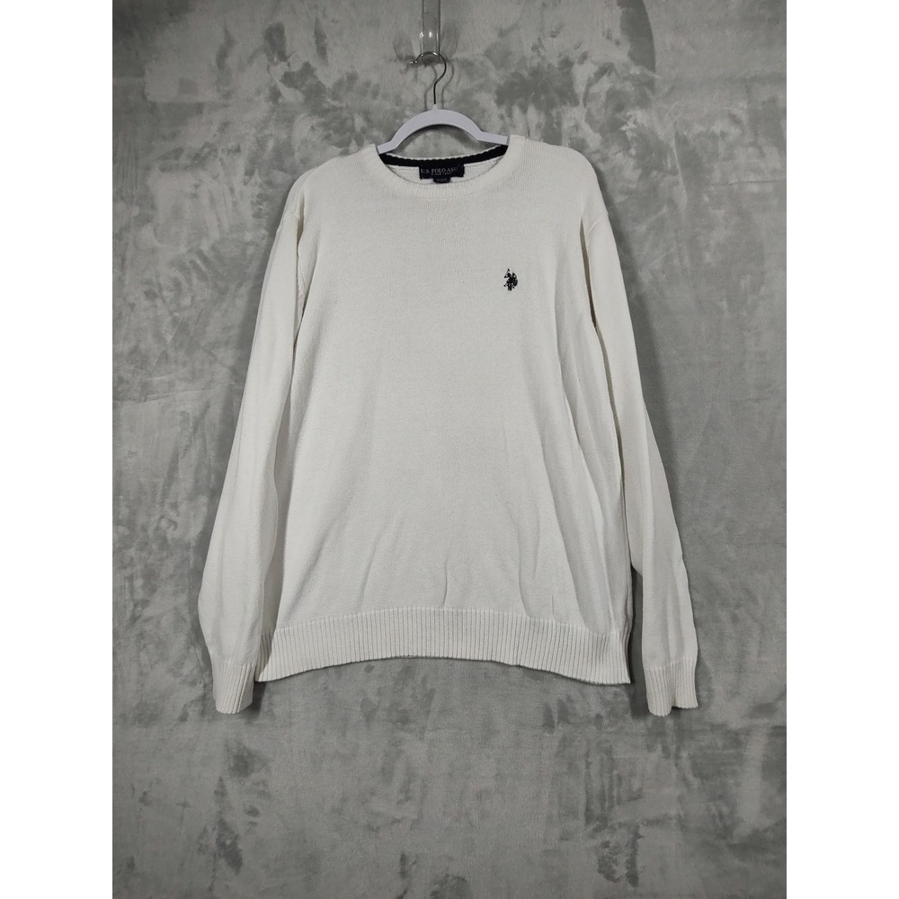 US Polo Assn Mens Crewneck Sweater White Cotton Knit Long Sleeve Pullover Large